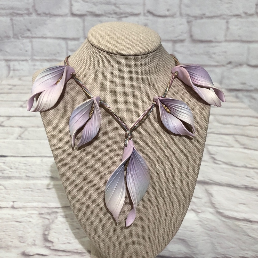 Beautiful Ceramic Pastel Calla Lilly Leaf Necklace Custom One of a Kind 10” gold